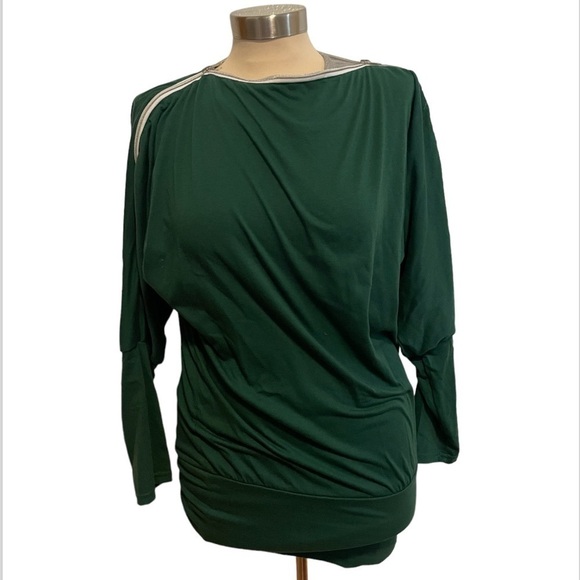 Finejo Green Zipper Shoulder Top Dolman Sleeves Size Medium - Picture 1 of 10